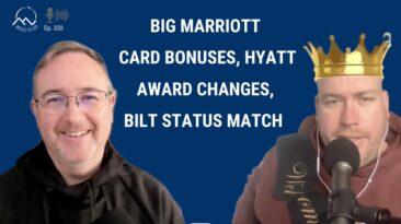 The image features two men against a blue background. The man on the left is smiling and wearing glasses and a black hoodie. The man on the right is wearing a crown and speaking into a microphone, with earphones in his ears. Text in the center of the image reads: "BIG MARRIOTT CARD BONUSES, HYATT AWARD CHANGES, BILT STATUS MATCH." In the top left corner, there is a logo with the text "MILES TO GO" and "Ep. 320" next to a microphone icon.